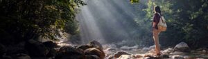 Woman standing on rocks in a stream looking at the sunlight streaming through the trees