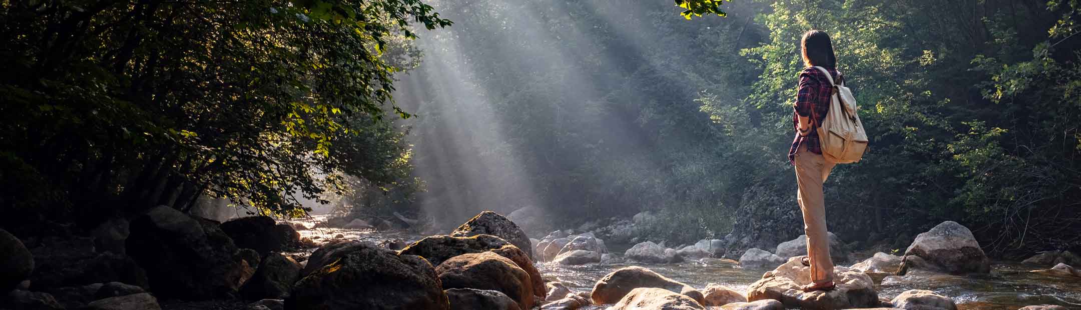Woman standing on rocks in a stream looking at the sunlight streaming through the trees